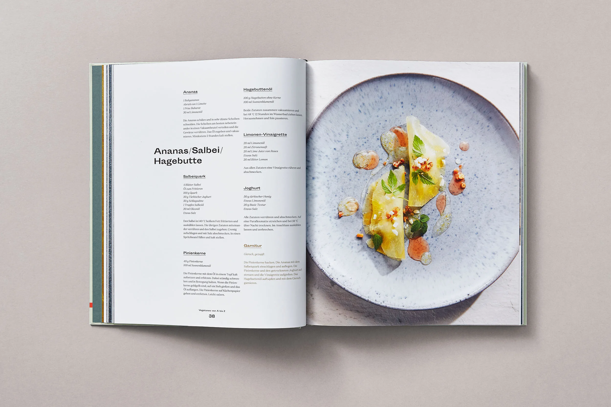 Doppelseite des Kochbuchs "Vegetarisch - Green Glamour" mit dem Rezeptbild "Ananas, Salbei, Hagebutte"