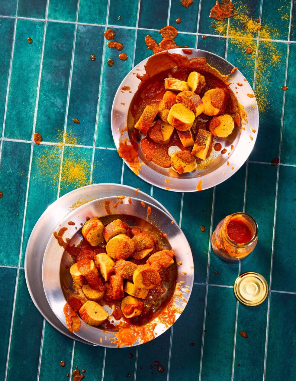 Vegane Currywurst modern und farbstark fotografiert